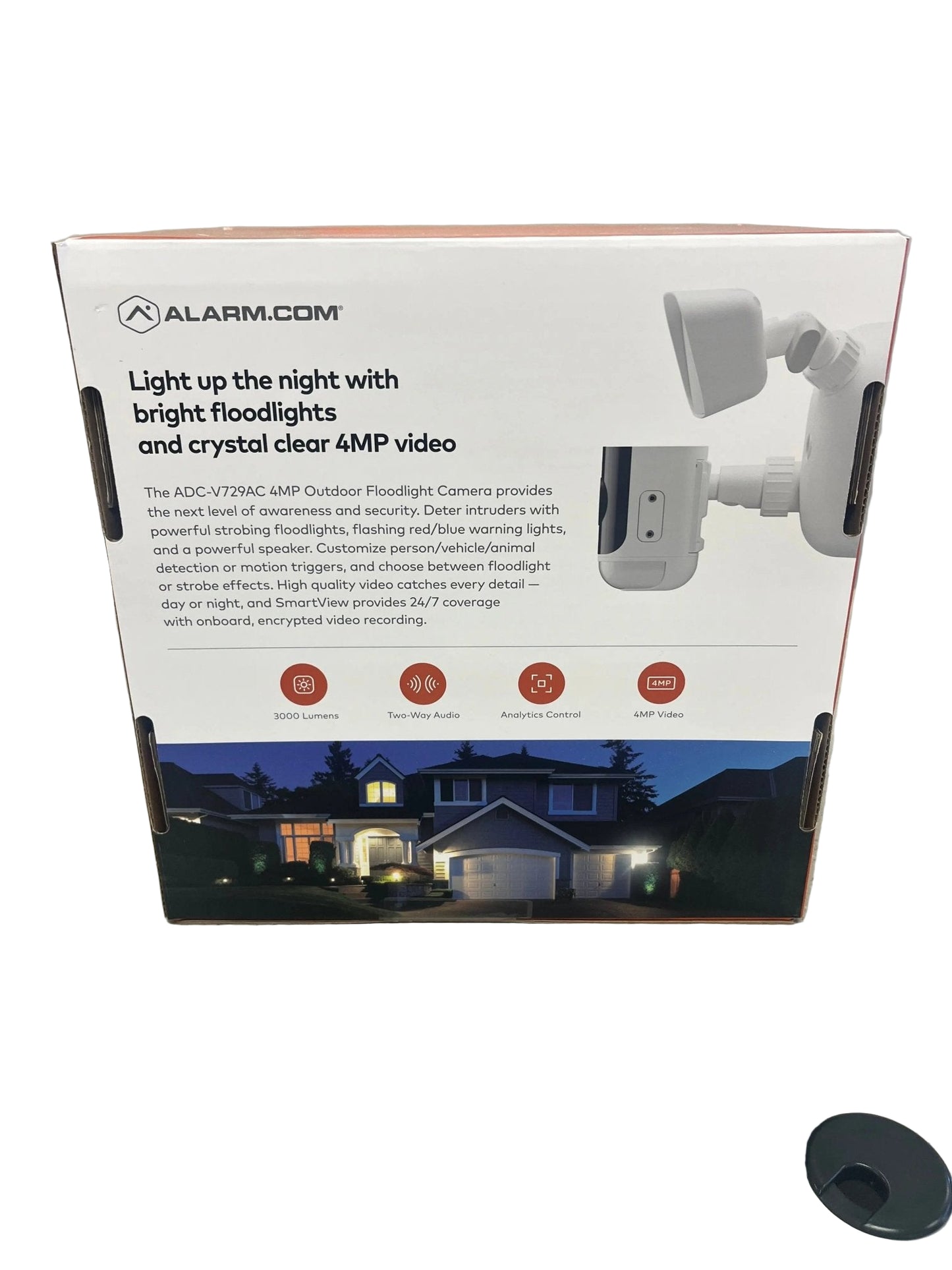 Alarm.com ADC-V729AC weather-resistant floodlight camera featuring 4MP video, bright 3000-lumen lighting, red/blue warning effect, and two-way talk for smart security.