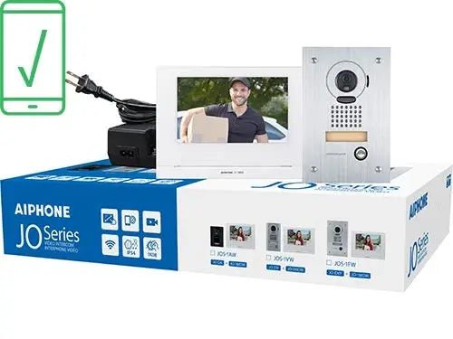 Aiphone JOS-1FW two-wire video intercom kit with 7-inch JO-1MDW touchscreen and JO-DVF stainless flush-mount door station, mobile app ready.